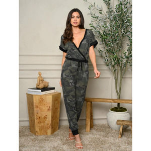 Camouflage V-Neck Tie Waist Jumpsuit